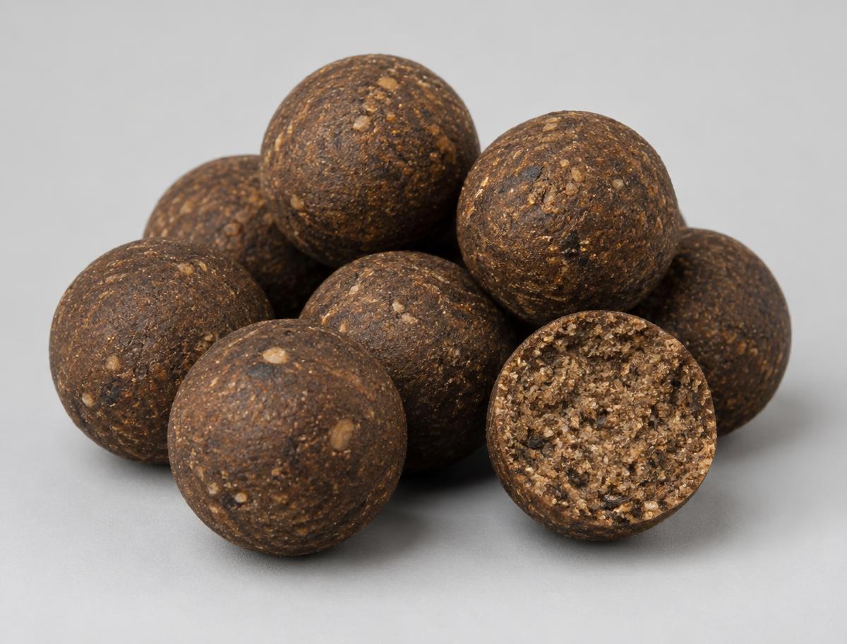Close-up of dark brown fishmeal carp boilies, one cut in half